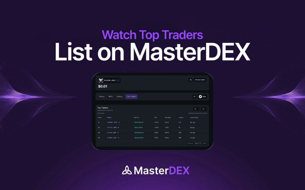 MasterDEX dashboard showing top traders on Base Solana Ethereum