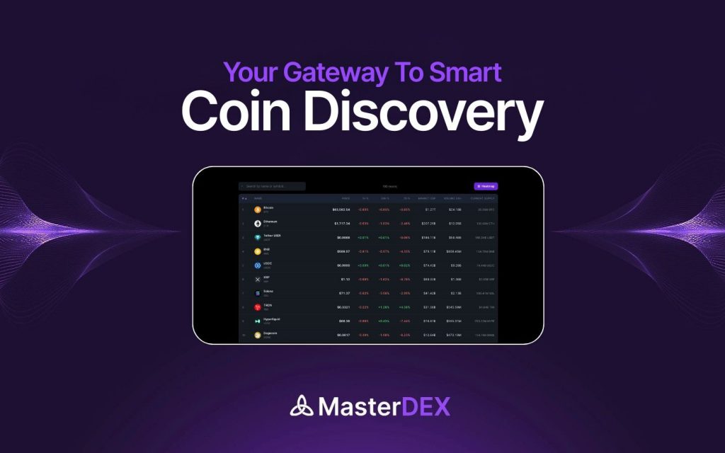 Screenshot of MasterDEX Coins page showing real-time crypto market data